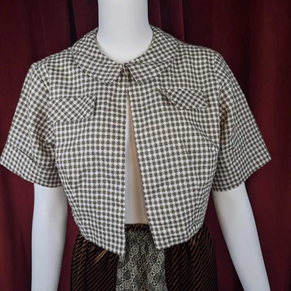 True Vintage 50's Jane Hunter Brown & White Gingham Short Sleeve Bolero - Picture 1 of 7